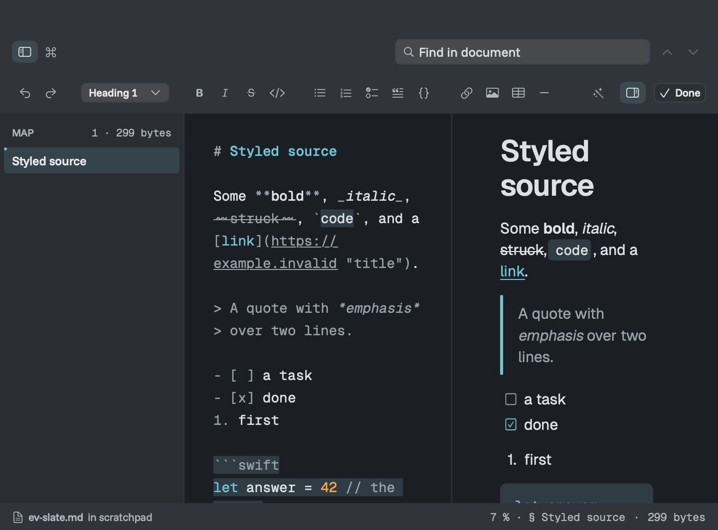 Downer with a document outline on the left, Markdown source in the middle and the live preview on the right