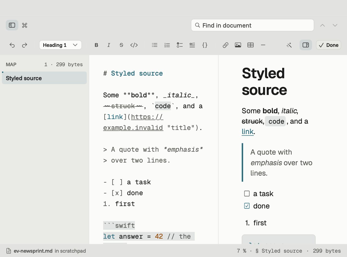 Downer with a document outline on the left, Markdown source in the middle and the live preview on the right