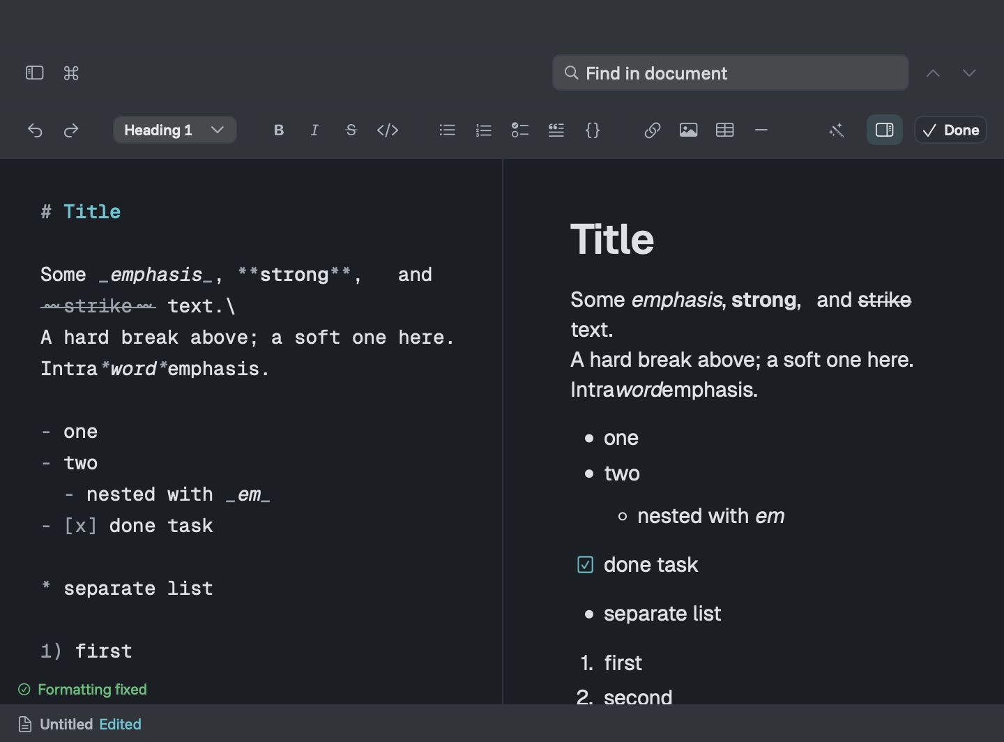 Markdown source after Fix Formatting, next to its unchanged preview