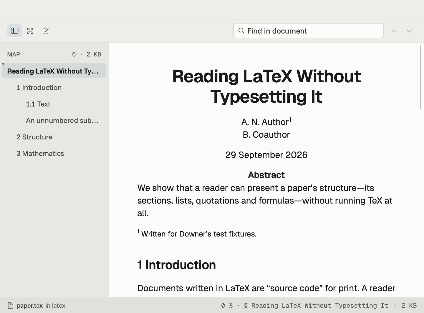 A LaTeX paper opened in Downer with its sections listed in the sidebar