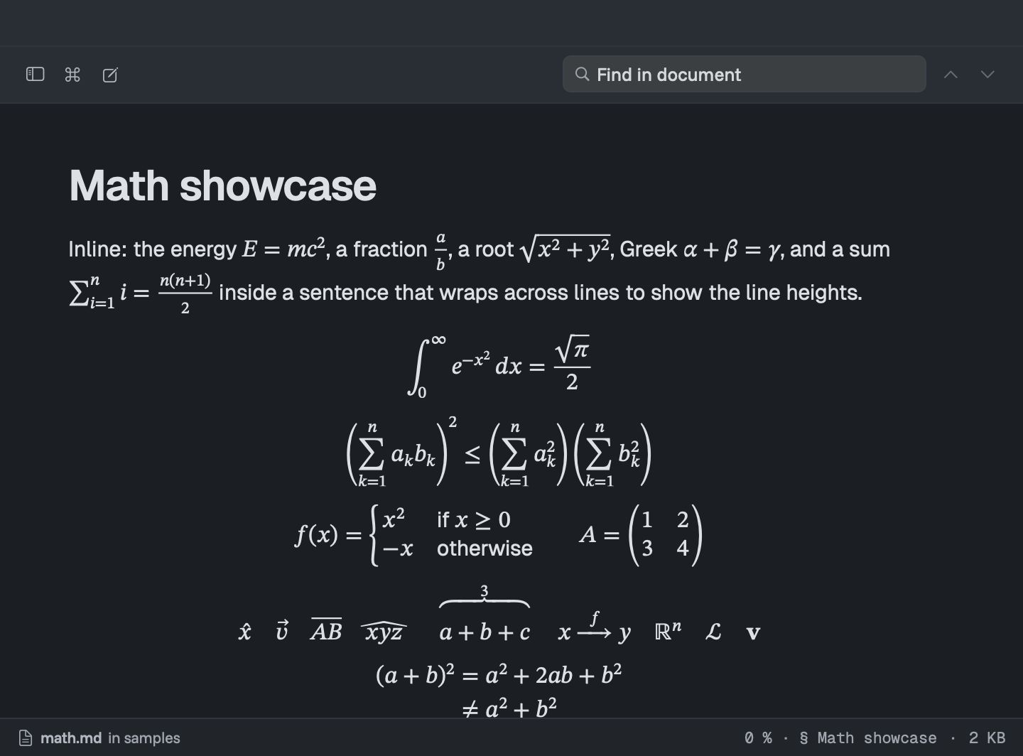 Inline and display equations rendered by Downer