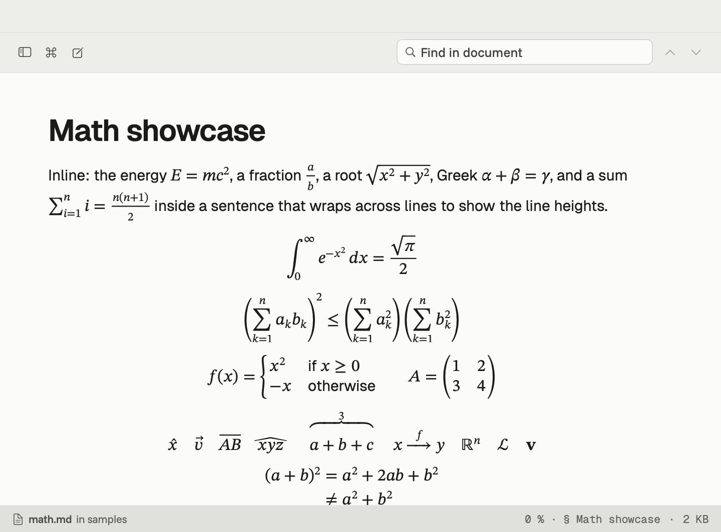 Inline and display equations rendered by Downer
