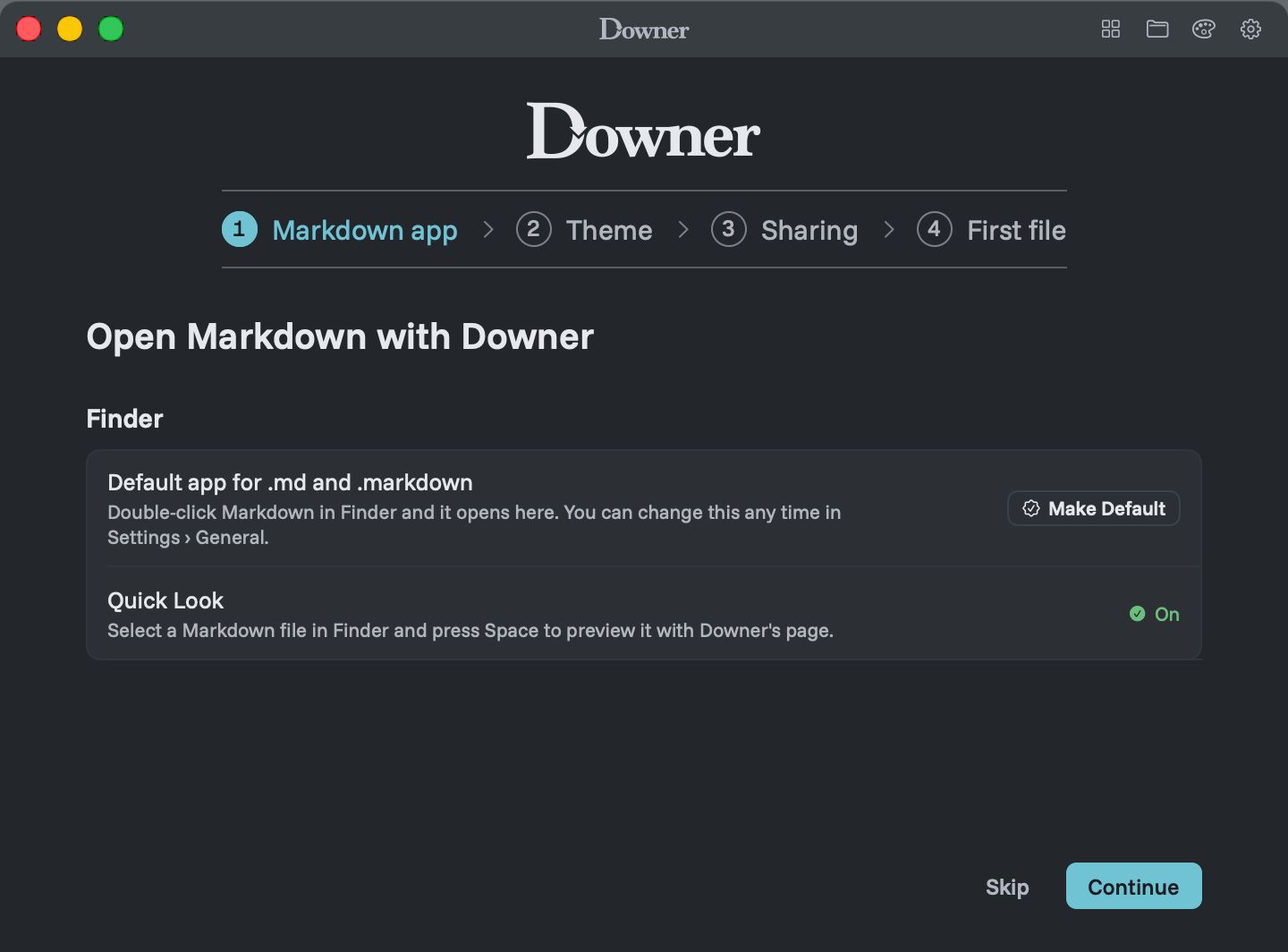 Downer's first-run setup offering to open Markdown files and showing that its Quick Look preview is on
