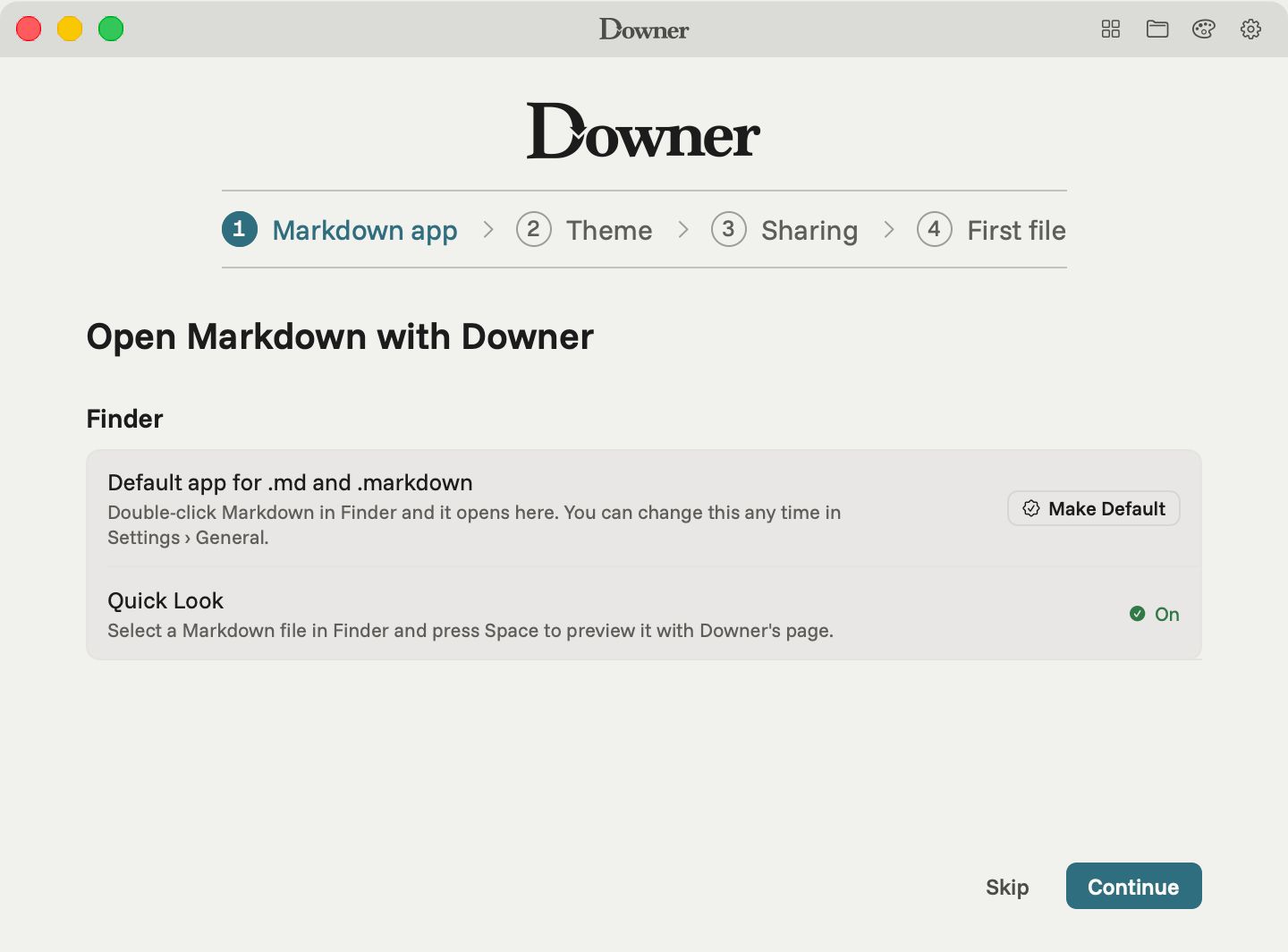 Downer's first-run setup offering to open Markdown files and showing that its Quick Look preview is on