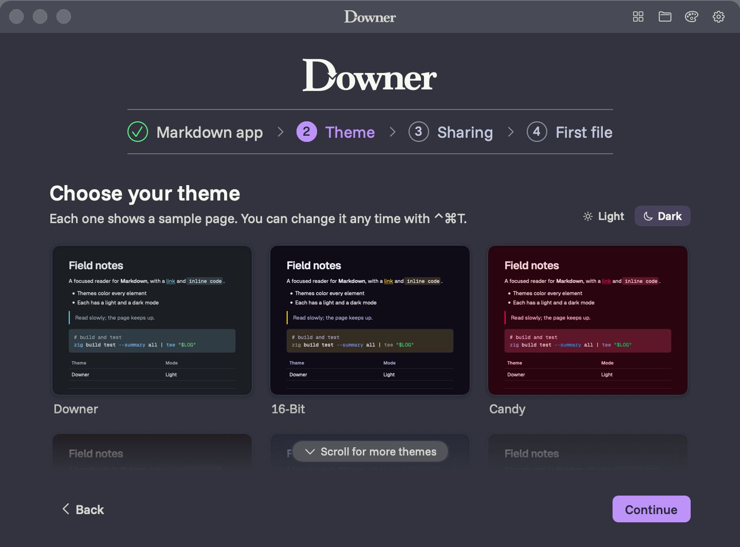 Choosing a theme during Downer setup