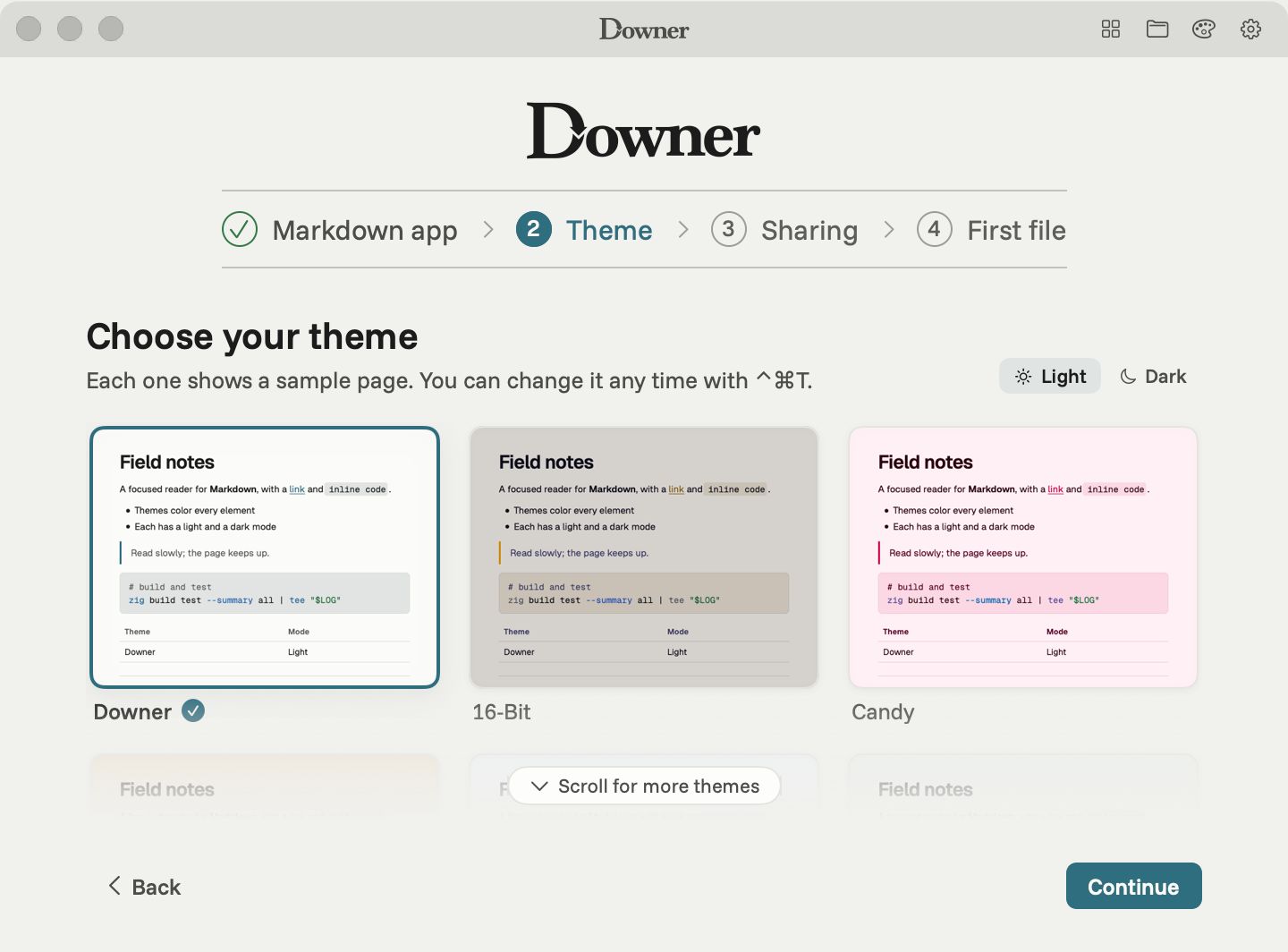 Choosing a theme during Downer setup